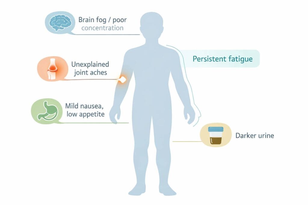 Hepatitis C Early Symptoms including fatigue, brain fog, joint pain, nausea, and dark urine