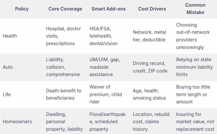 insurance coverage guide for health, auto, life, and home policies